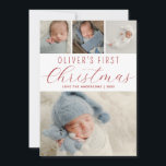 Tarjeta Festiva Babys First Christmas Collage de fotos Red<br><div class="desc">Una tarjeta de vacaciones moderna para celebrar la primera Navidad de tu bebé con familia y amigos. El diseño incluye un collage de fotos de tus fotos favoritas. Personalice con el nombre de su bebé. El lado inverso es rojo con un rebasamiento de patrón de nevada.</div>