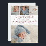 Tarjeta Festiva Babys First Christmas Collage de fotos Red<br><div class="desc">Una tarjeta de vacaciones moderna para celebrar la primera Navidad de tu bebé con familia y amigos. El diseño incluye un collage de fotos de tus fotos favoritas. Personalice con el nombre de su bebé. El lado inverso es rojo con un rebasamiento de patrón de nevada.</div>