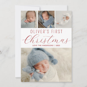 Tarjeta Festiva Babys First Christmas Collage de fotos Red