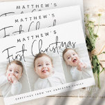 Tarjeta Festiva Baby's First Christmas Modern Simple Three Photo<br><div class="desc">Design at the front consist of playful cursive typography of "First Christmas". Add custom photos of your new baby and add baby's and family name. This design is modern,  chic,  playful and fun.</div>