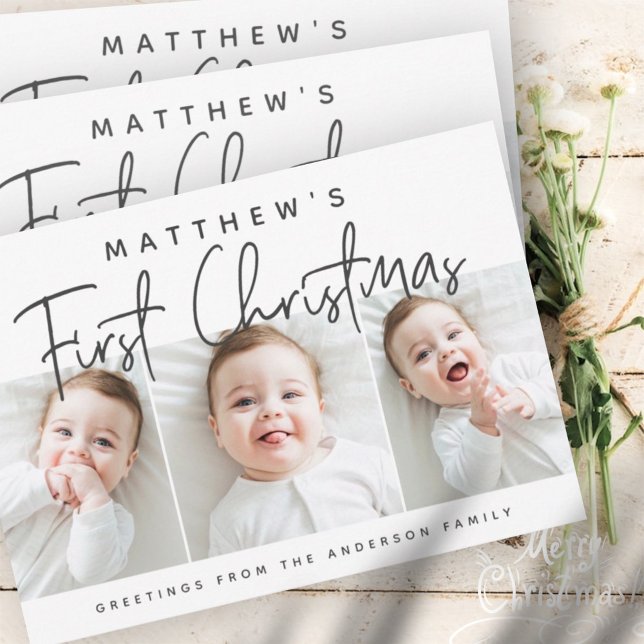 Tarjeta Festiva Baby's First Christmas Modern Simple Three Photo (Subido por el creador)