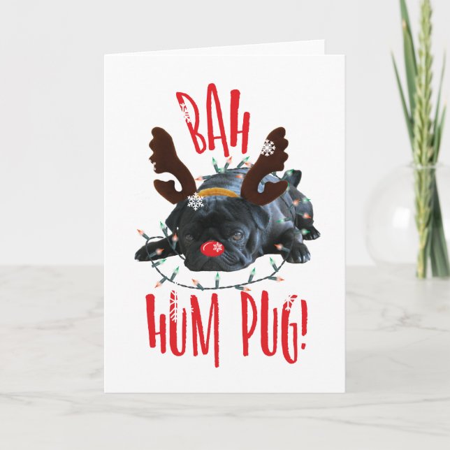 Tarjeta Festiva Bah Hum Pug Navidades de Pug Negro reno (Anverso)
