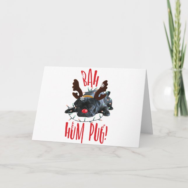 Tarjeta Festiva Bah Hum Pug Navidades de Pug Negro reno (Anverso)