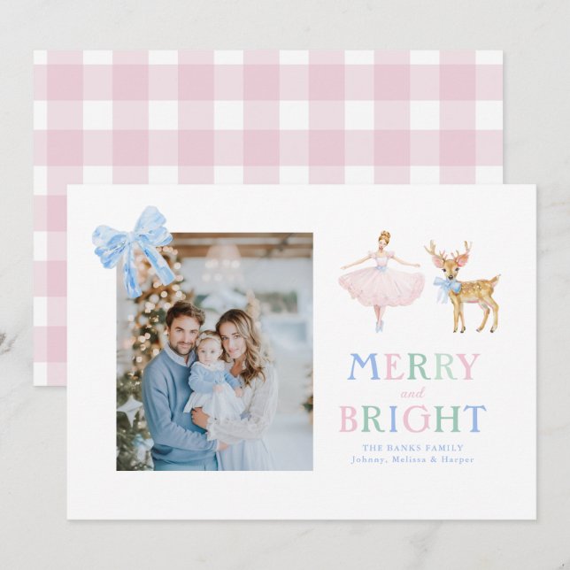 Tarjeta Festiva bailarina cascanueces lazos de reno a cuadros (Anverso / Reverso)