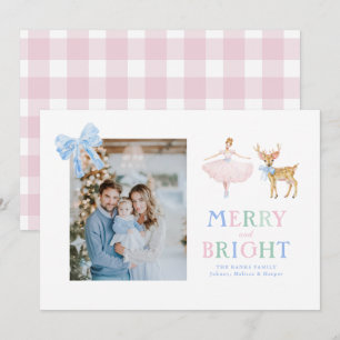 Tarjeta Festiva bailarina cascanueces lazos de reno a cuadros