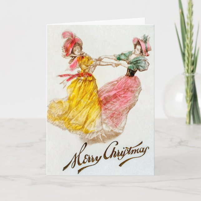 Tarjeta Festiva Baile de mujeres navideñas vintage (1900) (Anverso)