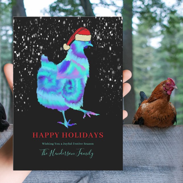 Tarjeta Festiva Baile de pollo navidades (Cute colorful Christmas hen wearing a santa hat personalized happy holidays greetings card)