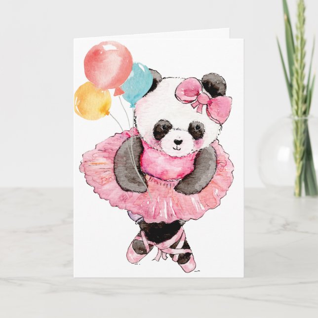 Tarjeta Festiva Baile del oso Panda con los globos Cumpleaños (Anverso)