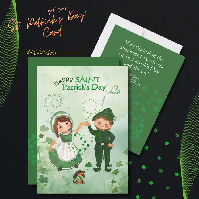 Tarjeta Festiva Baile Leprechaun inspirado en el Chica irlandés Le (Leprechaun dancing with Irish Girl Lefton inspired Holiday Card)