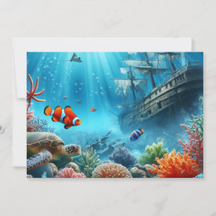 Tarjeta Festiva Bajo el mar, tortuga, coral, barco, pez payaso
