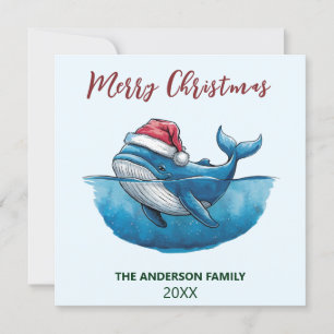 Tarjeta Festiva Ballena Náutica Personalizada con Gorro de Santa N