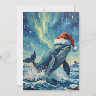 Tarjeta Festiva Ballena vintage con sombrero de Santa bajo las luc
