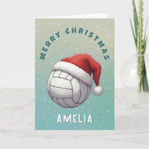 Tarjeta Festiva Balón de Voleibol con Sombrero Rojo de Santa Nombr