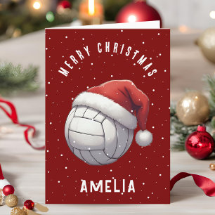 Tarjeta Festiva Balón de Voleibol con Sombrero Rojo de Santa Nombr