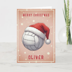 Tarjeta Festiva Balón de Voleibol con Sombrero Rojo de Santa Nombr