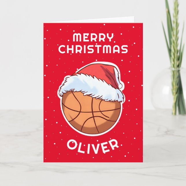 Tarjeta Festiva Baloncesto Ball Red Santa Hat Navidades Nombre del (Anverso)
