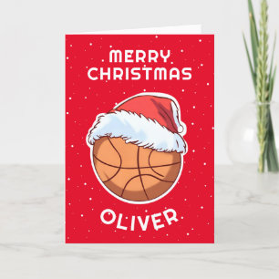 Tarjeta Festiva Baloncesto Ball Red Santa Hat Navidades Nombre del