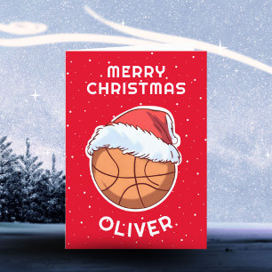 Tarjeta Festiva Baloncesto Ball Red Santa Hat Navidades Nombre del