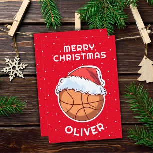 Tarjeta Festiva Baloncesto Ball Red Santa Hat Navidades Nombre del