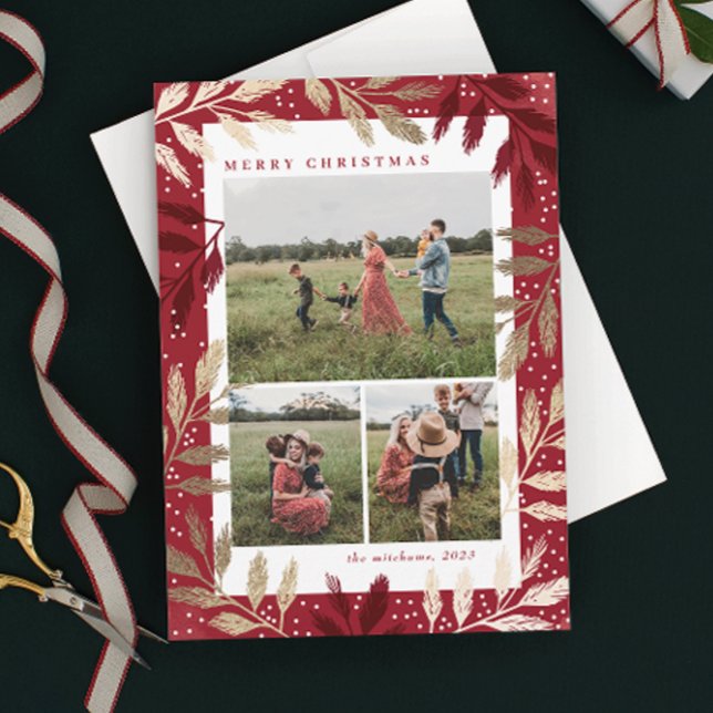 Tarjeta Festiva Bandas de Oro 3 Navidades de fotografía (Elegant red and gold branch 3 photo christmas holiday card.)