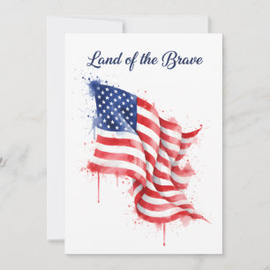 Tarjeta Festiva Bandera Americana Tierra de Valientes Acuarela USA