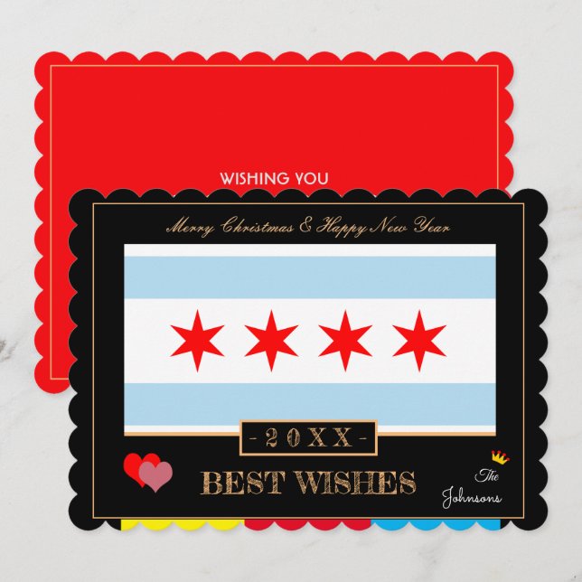 Tarjeta Festiva Bandera de Chicago y Feliz Año Nuevo /Mejor deseo  (Anverso / Reverso)