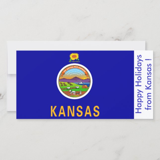 Tarjeta Festiva Bandera de Kansas, Felices Fiestas de EEUU. (Anverso)