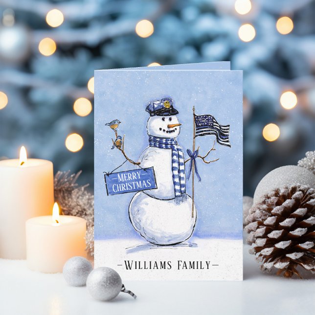 Tarjeta Festiva Bandera de la delgada línea azul de la policía Fel (Thin Blue Line Flag Snowman Police Officer Custom Family Name Merry Christmas Card.)
