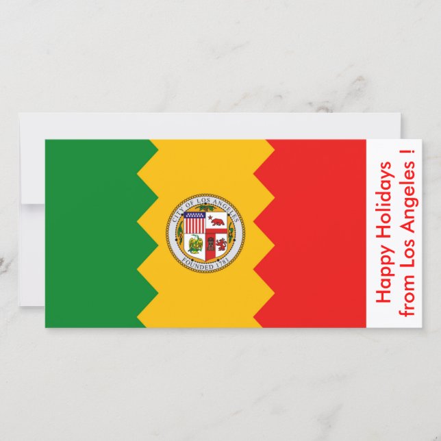 Tarjeta Festiva Bandera de Los Ángeles, Felices Fiestas de EEUU. (Anverso)