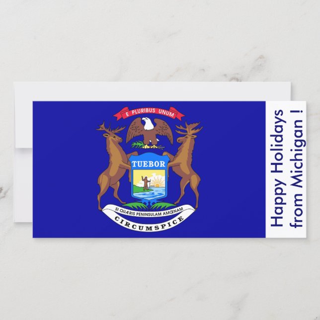 Tarjeta Festiva Bandera de Michigan, Felices Fiestas de EEUU. (Anverso)
