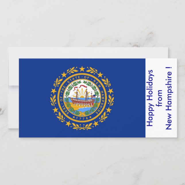 Tarjeta Festiva Bandera de New Hampshire, Felices Fiestas de EEUU. (Anverso)