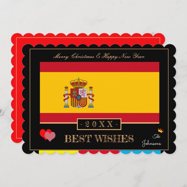 Tarjeta Festiva Bandera española y los mejores deseos de Año Nuevo (Anverso / Reverso)