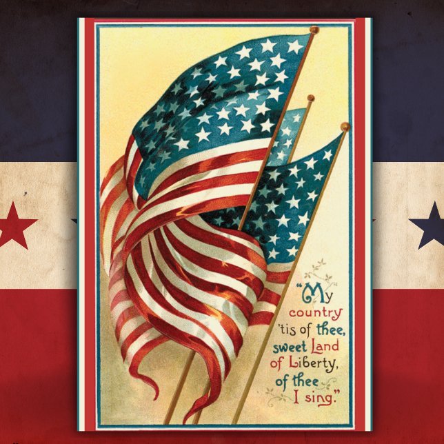 Tarjeta Festiva Bandera estadounidense de época Tierra de Libertad (Vintage American Flag Land of Liberty Patriotic Holiday Card)