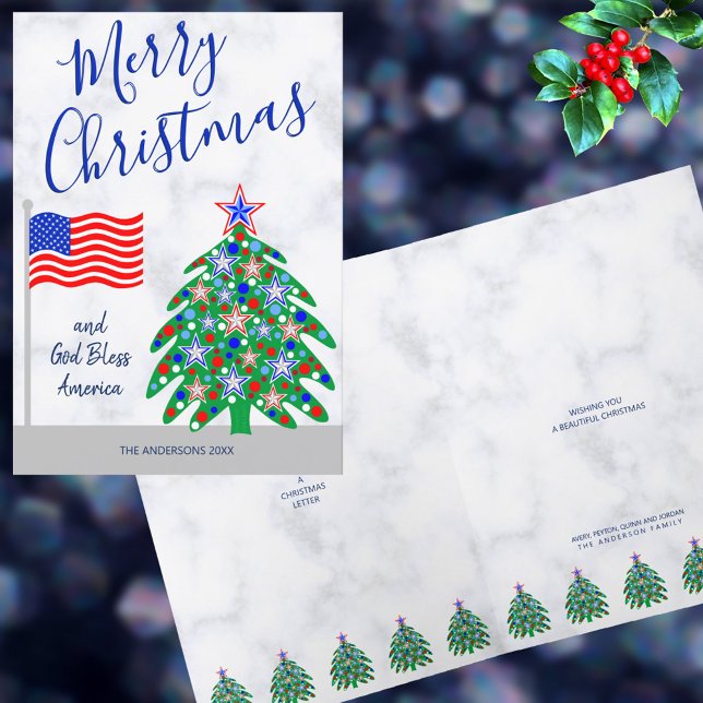 Tarjeta Festiva Bandera estadounidense patriota de árbol de Navida (Celebrate Christmas and America with these patriotic Christmas greeting cards)