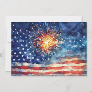 Tarjeta Festiva Bandera estadounidense y fuegos artificiales y Jur