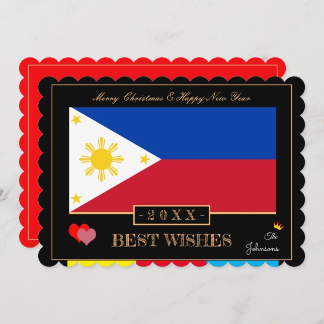 Tarjeta Festiva Bandera filipina &Feliz Año Nuevo/Mejores Deseos (Anverso / Reverso)
