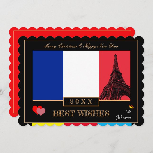 Tarjeta Festiva Bandera francesa y Eiffel Feliz Año Nuevo a Franci (Anverso / Reverso)