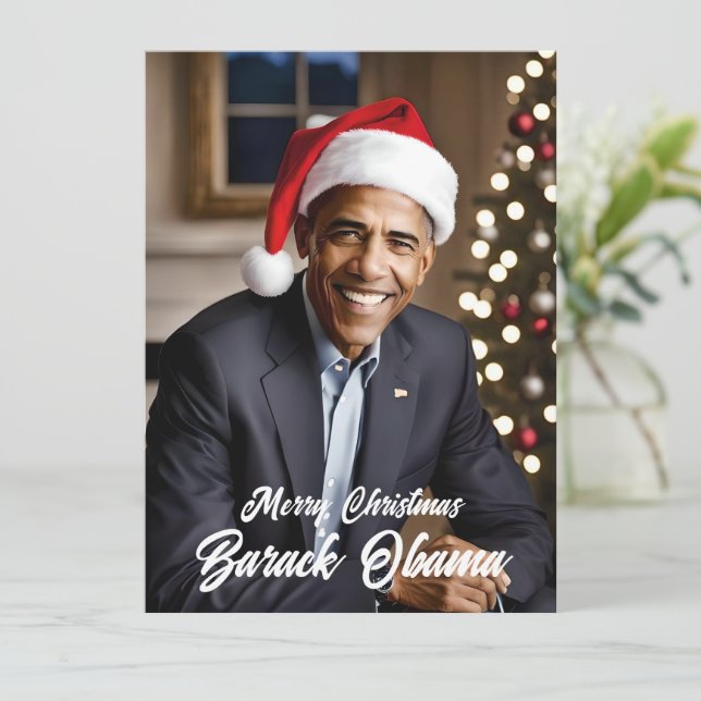 Tarjeta Festiva Barack Obama en Santa Hat Navidades (Anverso de pie)