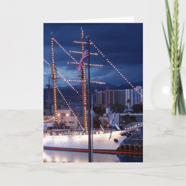 Tarjeta Festiva Barco de vela con luces decorativas (Anverso)