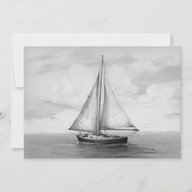 Tarjeta Festiva Barco de vela de mano blanca y negra para cualquie (Anverso)