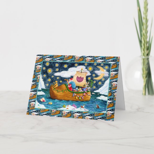 TARJETA FESTIVA BARCO HOLANDÉS SHOE SANTA, ICEBERGS, BALLENA, OSO  (Anverso)