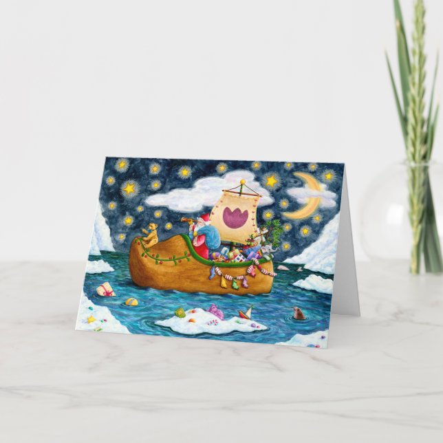 TARJETA FESTIVA BARCO HOLANDÉS SHOE SANTA, ICEBERGS, BALLENA, OSO  (Anverso)