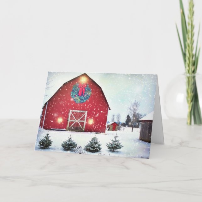 Tarjeta Festiva Barn Rojo con corona de Navidades (Anverso)