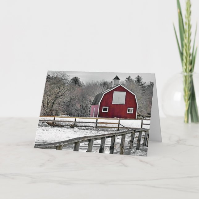 Tarjeta Festiva Barn Rojo en Invierno (Anverso)