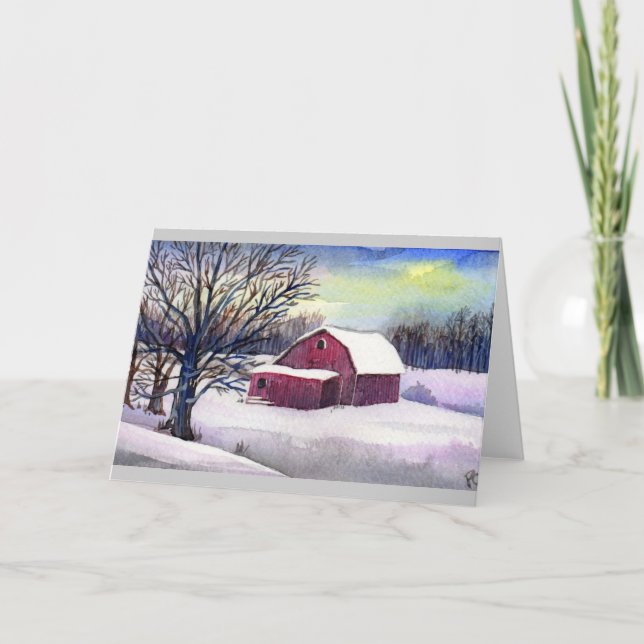 Tarjeta Festiva Barn Rojo en Nieve (Anverso)