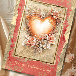 Tarjeta Festiva Baroque Floral Heart in Gold and Blush Tones