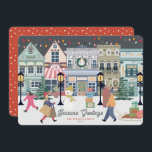Tarjeta Festiva Barrio de Navidades de invierno<br><div class="desc">Esta tarjeta de vacaciones para Navidades festivos incluye un pueblo Navidad con gente haciendo compras en navidades,  una cafetería,  un teatro,  un muñeco de nieve y trineos. El reverso presenta un fondo rojo con patrones de nieve blancos. Personalízalo para tus necesidades. Puedes encontrar productos coincidentes en mi tienda.</div>