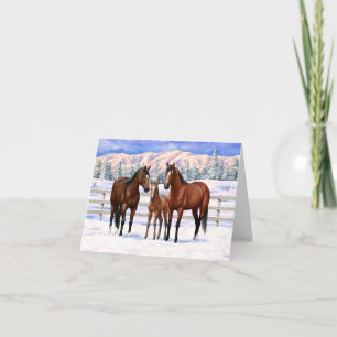 Tarjeta Festiva Barrio Marrón de caballos en Nieve