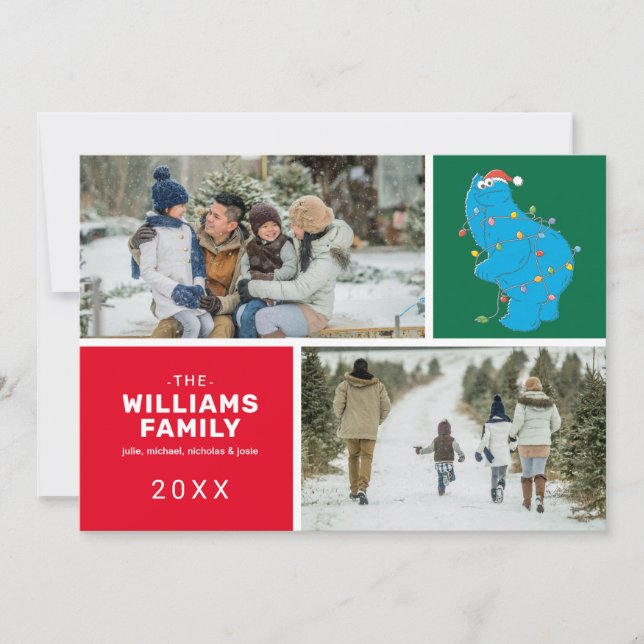 Tarjeta Festiva Barrio Sésamo | Foto de la familia Cookie Monster (Anverso)