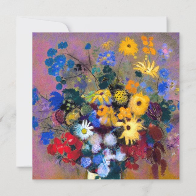 Tarjeta Festiva Base blanca con flores Odilon Redon (Anverso)